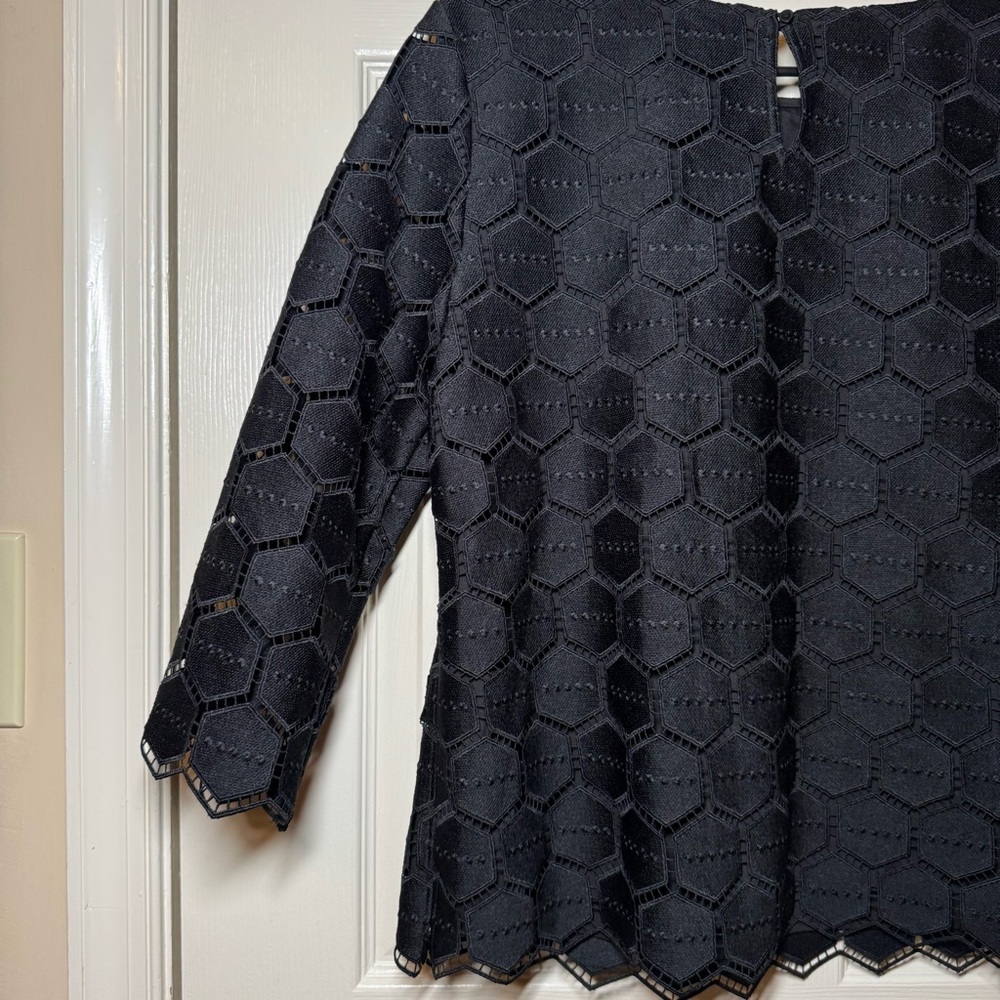 NEW $129 RSVP by Talbots Top Size L Black Geometric Blouse Lace Overlay Top NWT - Picture 6 of 8